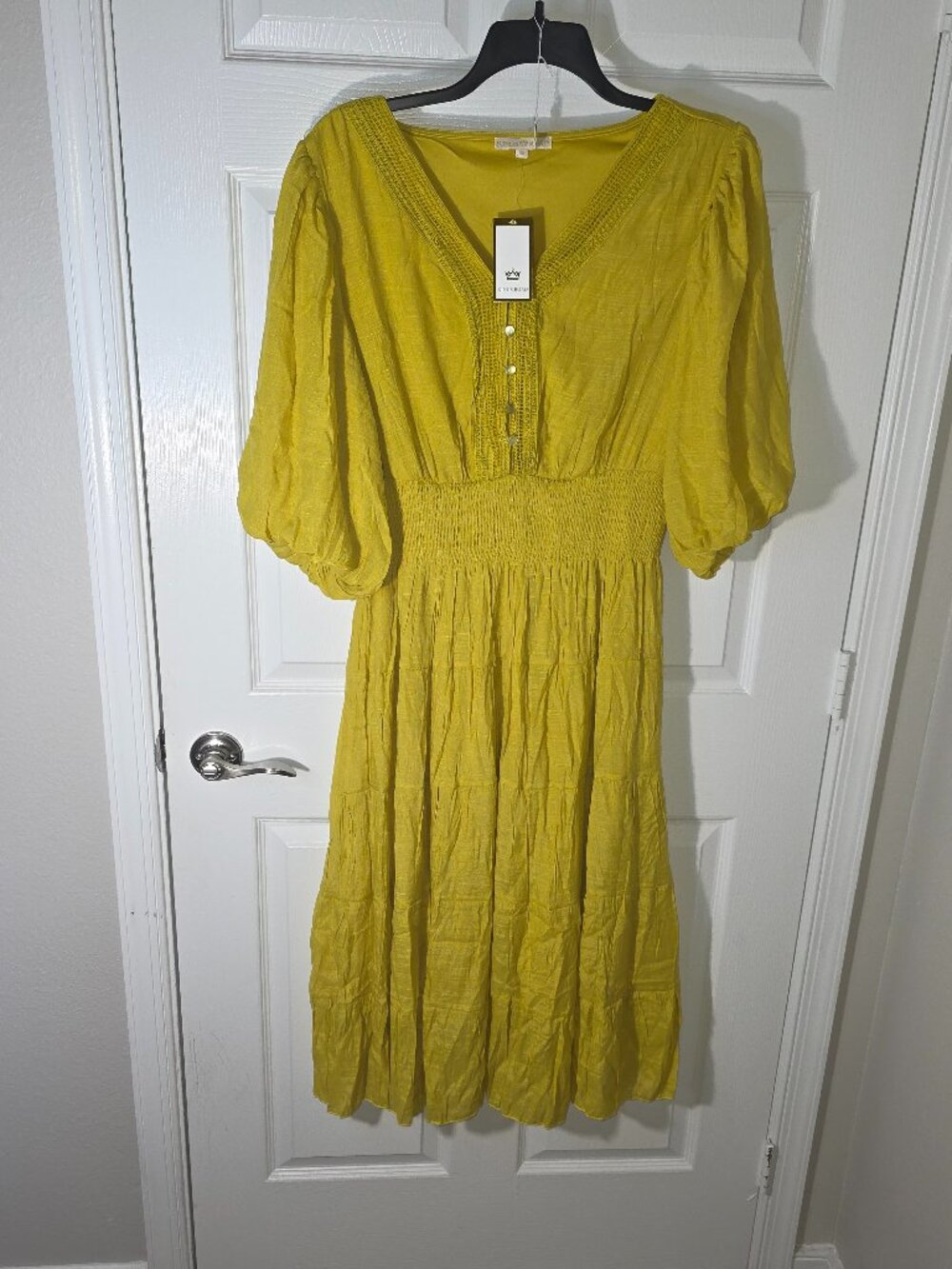Smocked Waist yellow mustard Midi Dress with V-Neck and Button Detail 2x Flowy y